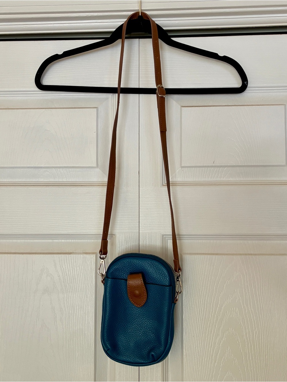 Teal Pebbled Genuine Leather Crossbody with Tan Strap